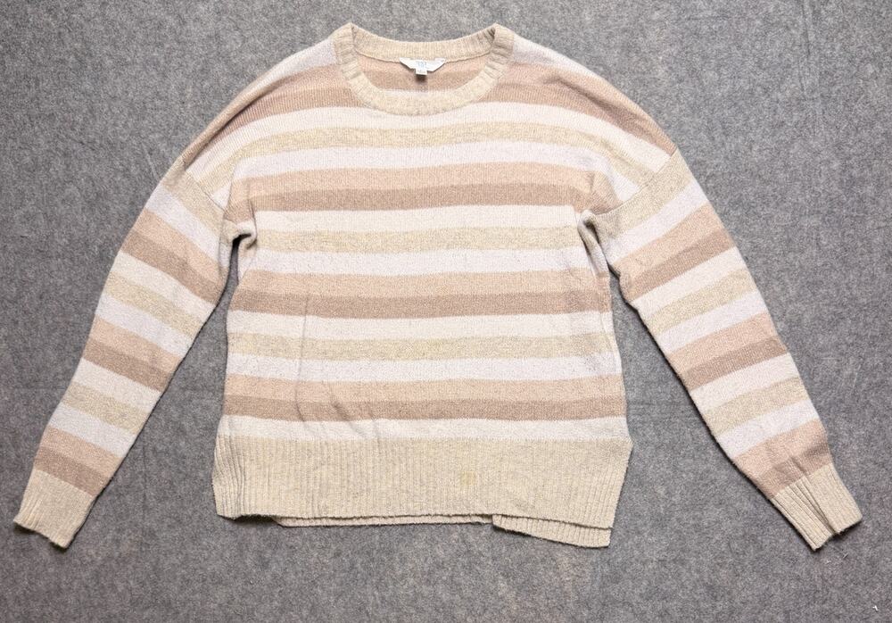 Time and Tru Womens L Neutral Beige Striped Soft Knit Pullover Sweater Crewneck
